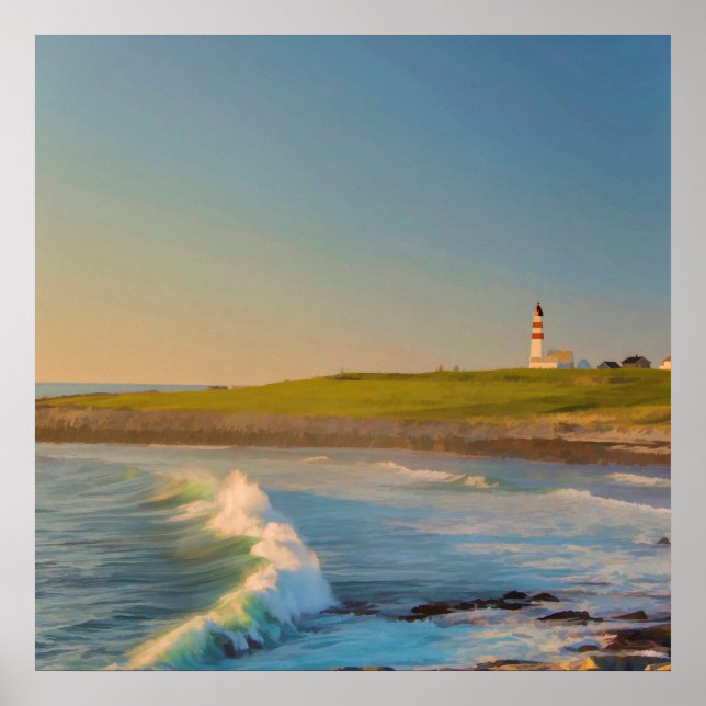Poster Phare de la baie d'aquarelle avec les vagues océan (Devant)