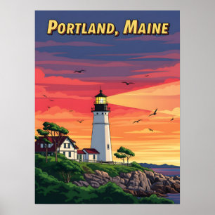 Poster Phare de Portland Maine au coucher du soleil