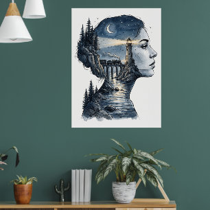 Poster Phare de rêve dans l'esprit d'une femme – Nuit sur