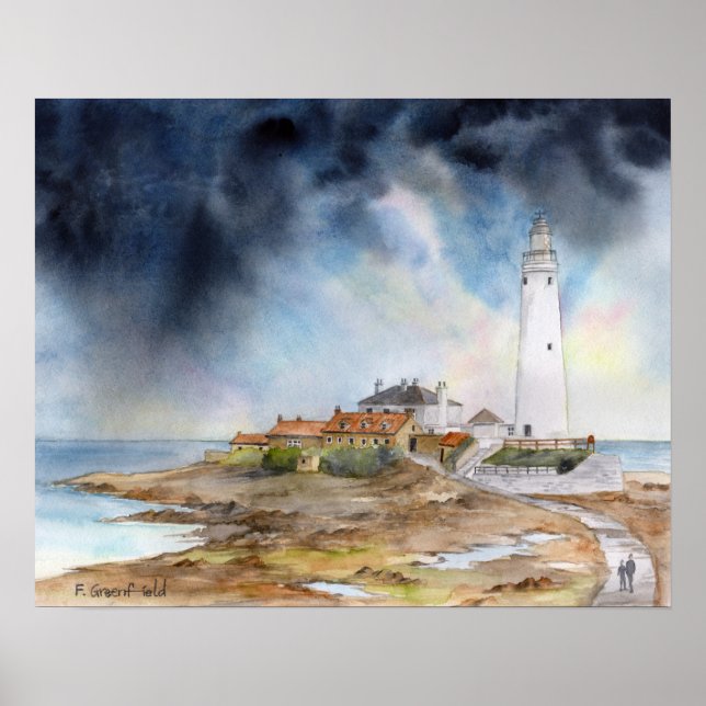 Poster Phare de St Marys Aquarelle de Whitley Bay (Devant)
