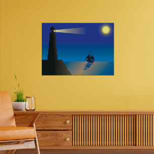Poster Phare et voilier à Night Moonlit Ocean