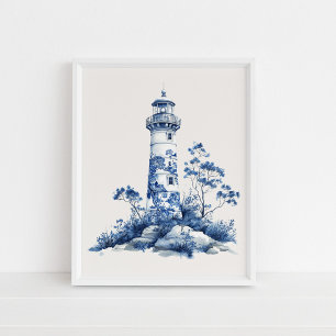 Poster Phare Floral - Bleu côtier sur Mur beige Art