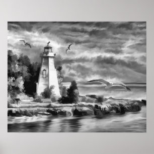 Poster Phare noir et blanc d'océan de coucher du soleil