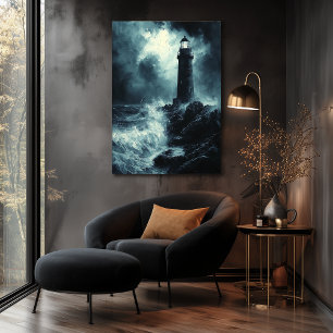 Poster Phare orageux la nuit - Art au fusain