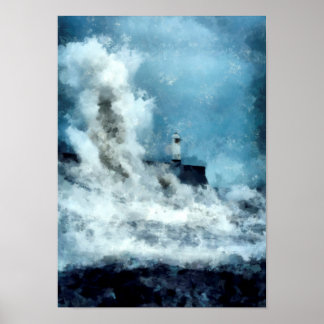 Poster Phare perdu dans un paysage marin en déferlement A
