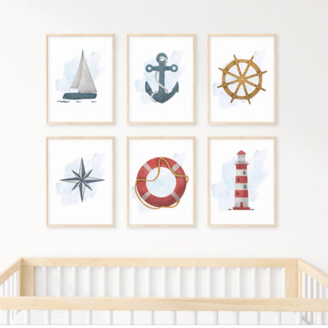 Poster Phare Rouge Blanc Bleu Thème Nautique Océanique (Créateur téléchargé)