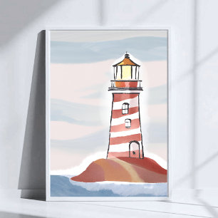 Poster Phare rouge et blanc Aquarelle d'océan de plage
