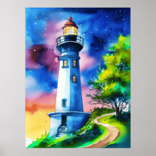 Poster Phare sous un ciel étoilé