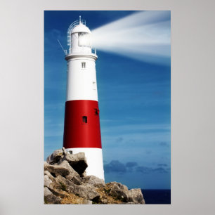 Poster Phare sur roches avec poutres lumineuses