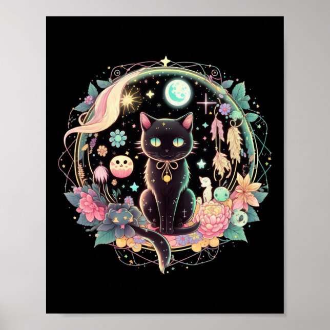 Poster Phases Lune Crystal Witchite Cute Black Cat Kawaii (Devant)