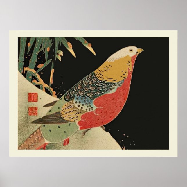 Poster Phéasant dans la neige Japonais Bird Woodcut (Devant)