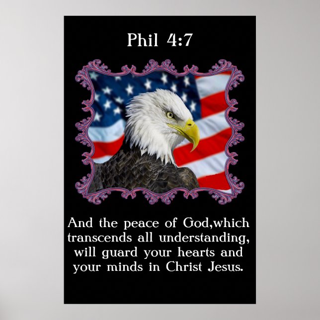 Poster Phil 4:7 Avec un aigle devant le drapeau américain (Devant)