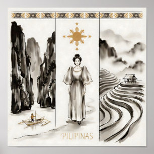 Poster Philippines-El Nido & Rizières-Ink wash