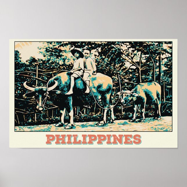 Poster Philippines, enfants jouant avec des buffles d'eau (Devant)