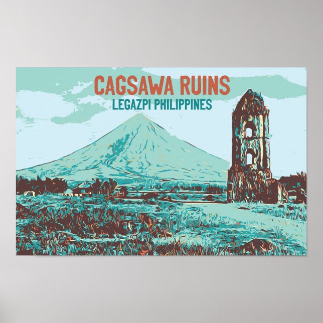 Poster Philippines, ruines de Cagsawa, Legazpi, volcan Ma (Devant)