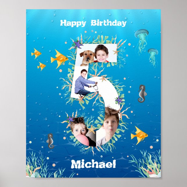 Poster Photo Collage Big 5th Birthday Under the Sea (Devant)