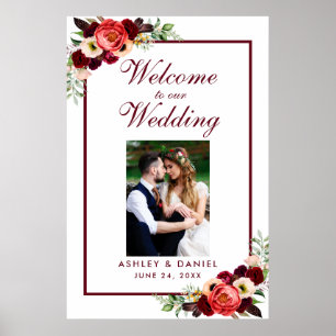 Poster Photo de bienvenue de mariage bohème floral burgun