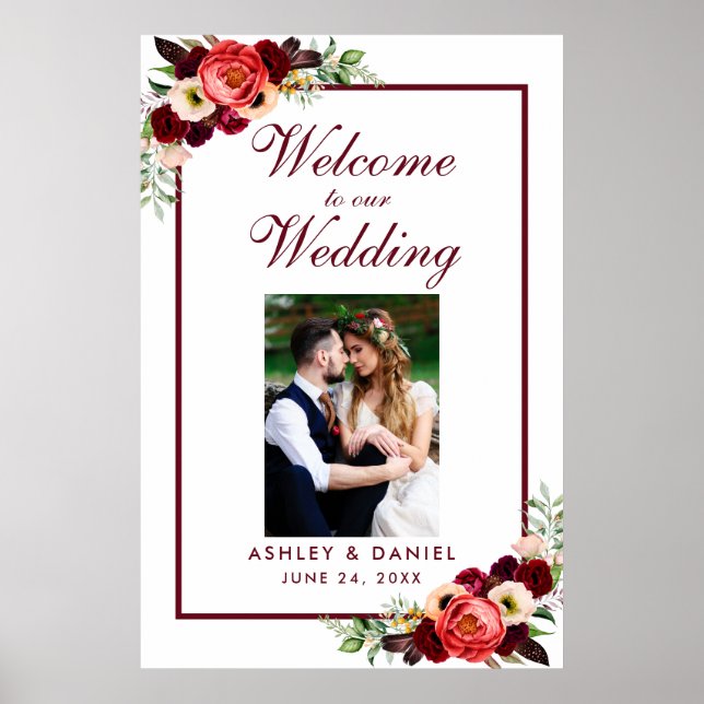 Poster Photo de bienvenue de mariage bohème floral burgun (Devant)