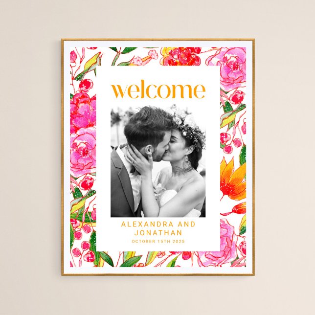 Poster Photo de bienvenue de mariage floral rose orange c (Créateur téléchargé)