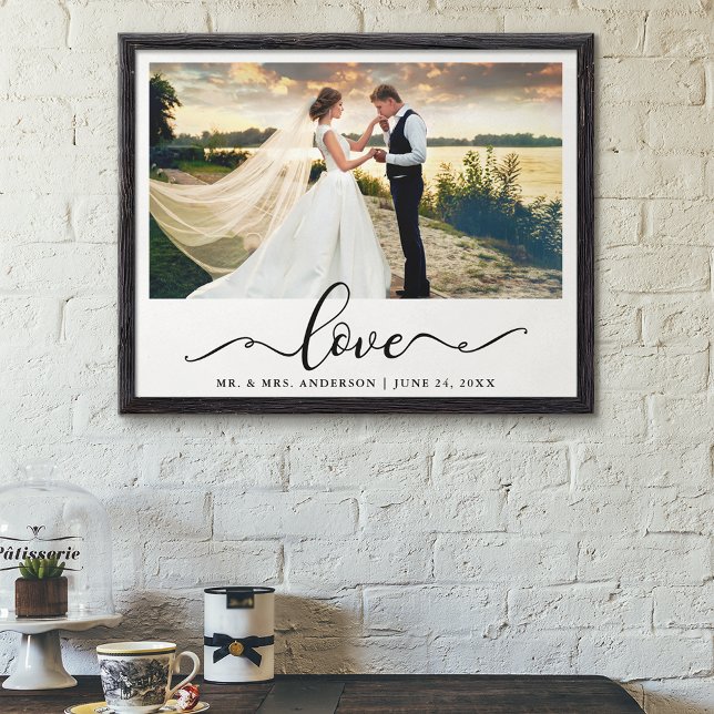Poster Photo de mariage élégant écriture noire Love (Customize to change your personalized text size, text style or size of poster.)