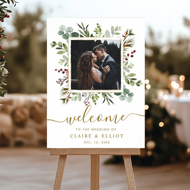 Poster Photo de mariage Noël doré botanique de bienvenue (Créateur téléchargé)
