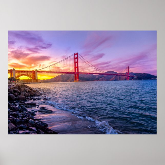 Poster Photo d'un coucher de soleil sur le pont du Golden (Devant)
