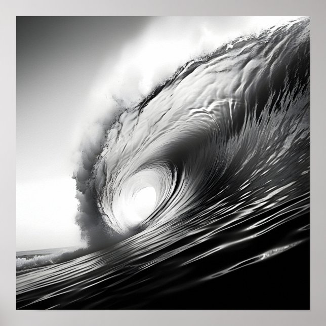 Poster Photo en noir et blanc d'une vague océanique brisa (Devant)