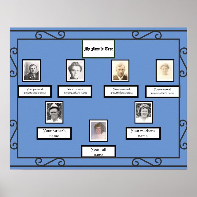 Poster Photo Family Tree Fer forgé Look Bordure sur bleu (Devant)