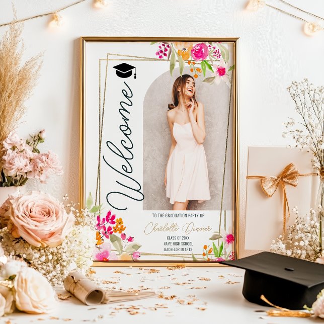 Poster Photo Floral Boho script or floral graduation (Photo Floral Boho floral gold script graduation Poster)