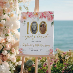 Poster Photo Florale rose et or 100e anniversaire Bienven