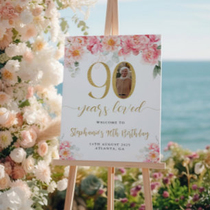 Poster Photo Florale rose et or 90e anniversaire Bienvenu