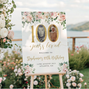 Poster Photo florale rose pâle 100e anniversaire Bienvenu