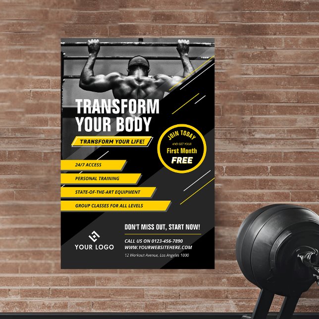 Poster Photo Gym Logo noir et jaune Compétition Marketing (Créateur téléchargé)