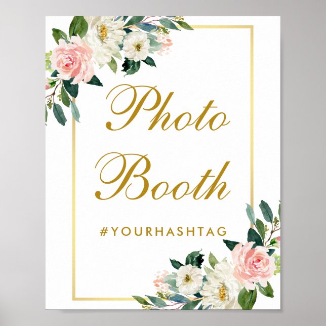Poster Photobooth de mariage doré rose floral (Devant)