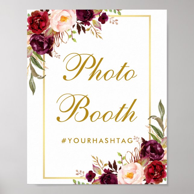 Poster Photobooth de mariage floral burgundy or (Devant)