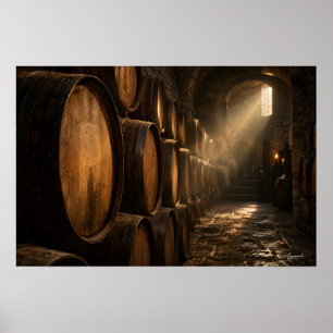 Poster Photographie d'un rang de tonneaux de cave à vin