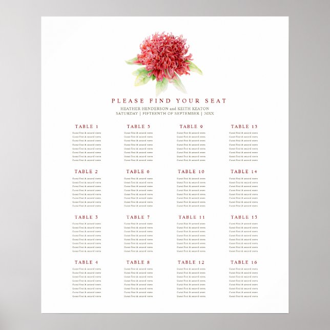 Poster Photos de fleurs de waratah rouge mariage 16 table (Devant)