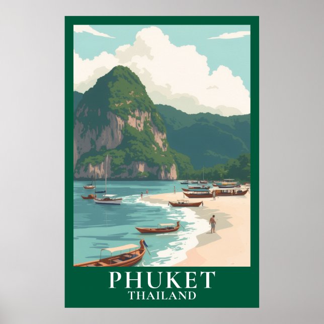 Poster Phuket Thailand Vintage Travel Longtail Boat Beach (Devant)