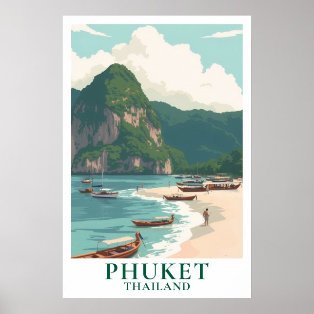 Poster Phuket Thaïlande Voyage Bateau Longtail Plage Vint (Devant)