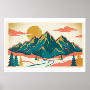 Poster Pics de montagnes majestueux Risographe vintage