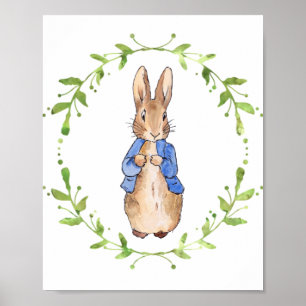 Poster Pierre le Lapin avec une couronne de feuilles vert