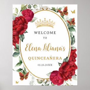 Poster Pierres rouges Papillons floraux Quinceañera Bienv