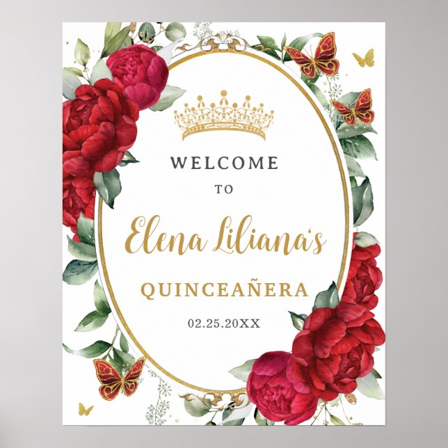 Poster Pierres rouges Papillons floraux Quinceañera Bienv (Devant)