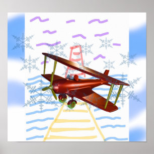 Poster Pietée phare Biplane Vagues bleues