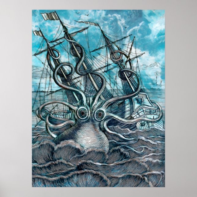 Poster Pieuvre géante Mer Bleue Monstre Voilier (Devant)