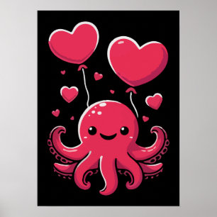 Poster Pieuvre mignonne aux ballons de coeur, Saint-Valen