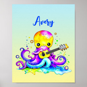 Poster Pieuvre personnalisée en dessin Jouer à la guitare