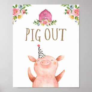 Poster Pig Out Farm Animaux Buffet Girl Anniversaire rose