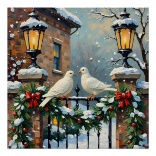 Poster Pigeons d'hiver vintage à la porte éclairée par de