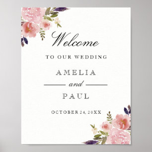 Poster Pignon rose Aquarelle pivoine Bienvenue Mariage Si